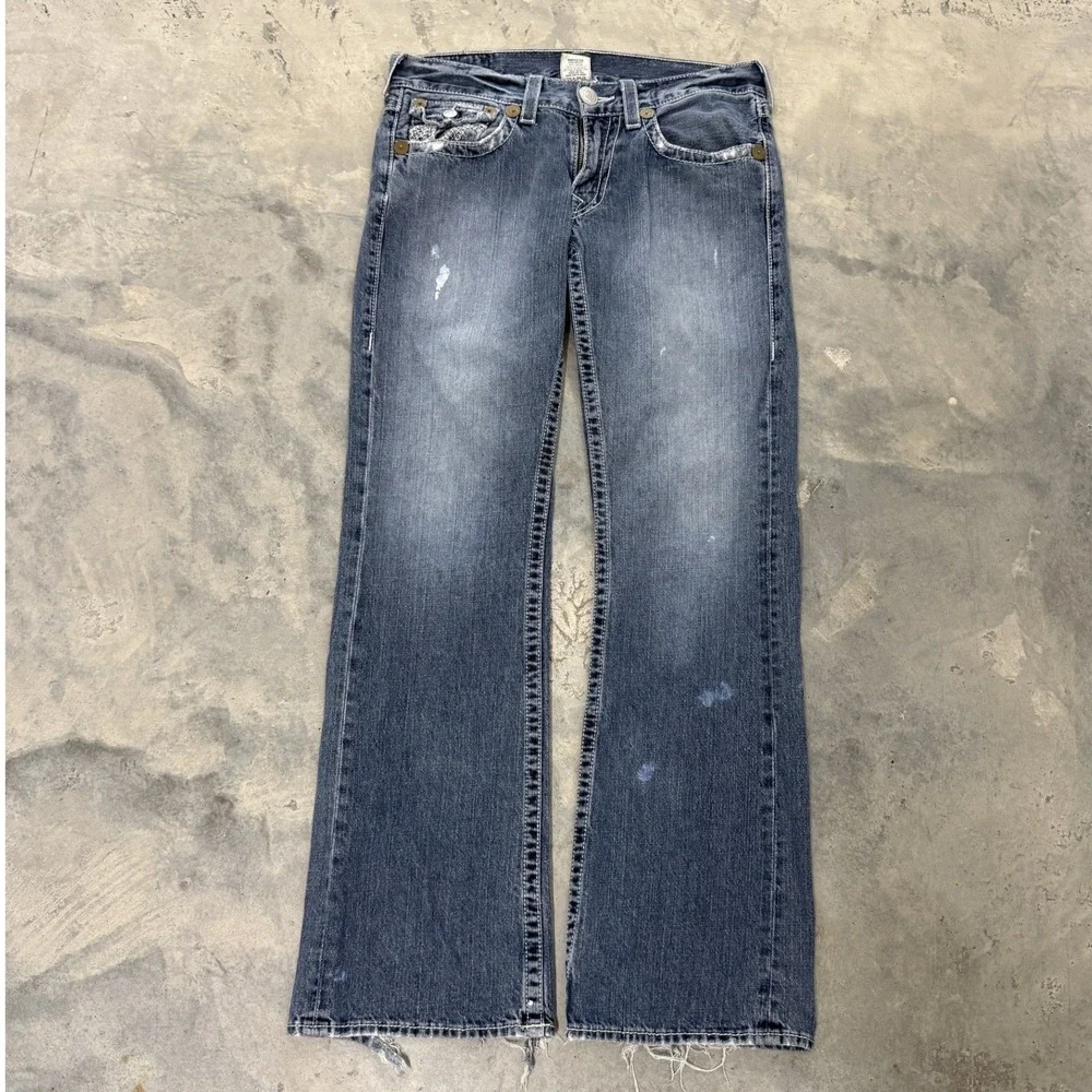True Religion Billy Jeans Men 37 Blue Fair Distressed Bootcut Thick Stitch USA